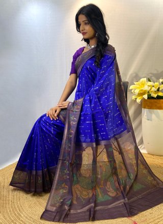 Chanderi Silk Classic Sari with Patch Border and Print Work