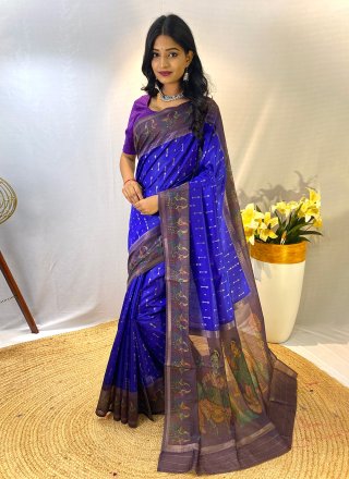 Chanderi Silk Classic Sari with Patch Border and Print Work