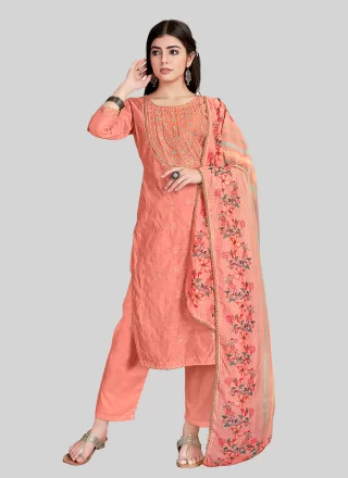 Chanderi Silk Pant Style Suit In Pink