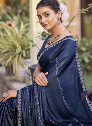 Charismatic Blue Chiffon Trendy Saree with Patch Border and Crystals Work