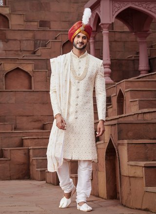 Charismatic Cream Art Silk Sherwani Mens Wear with Embroidered, Hand and Thread Work