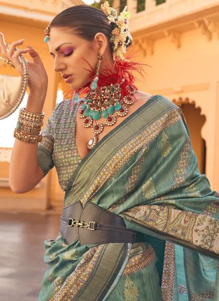 Charismatic Green Silk Classic Sari with Print Work