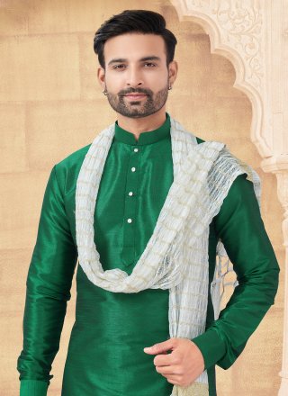 Charming Green Art Silk Kurta Pyjama In Plain