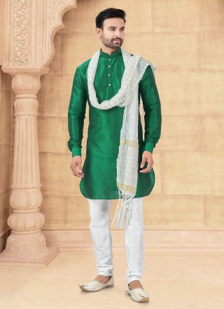 Charming Green Art Silk Kurta Pyjama In Plain
