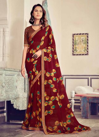 Charming Maroon Georgette Contemporary Saree with Print Work