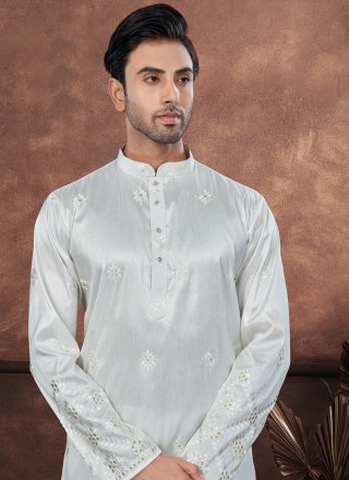Charming Off White Silk Kurta Pyjama with Machine Embroidery and Thread Work