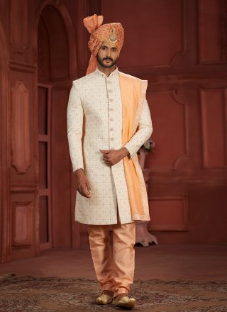 Cherubic Cream and Peach Pure Silk Sherwani Mens Wear with Embroidered, Hand and Sequins Work