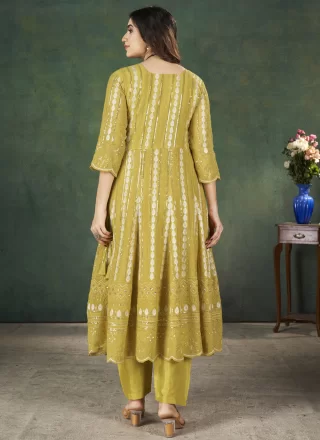 Cherubic Yellow Georgette Salwar Suit with Embroidered, Lucknowi Work, Moti, Sequins and Zari Work