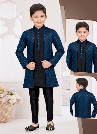 Chic Black and Blue Banarasi Silk Sherwani Kids Wear with Machine Embroidery and Sequins Work