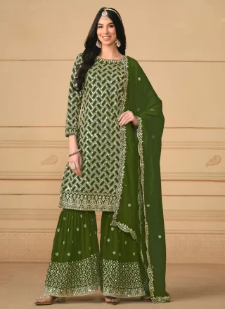 Chic Green Faux Georgette Salwar Suit with Embroidered Work