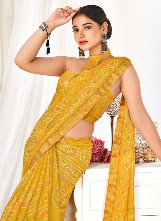 Chic Yellow Chiffon Classic Sari with Woven Work