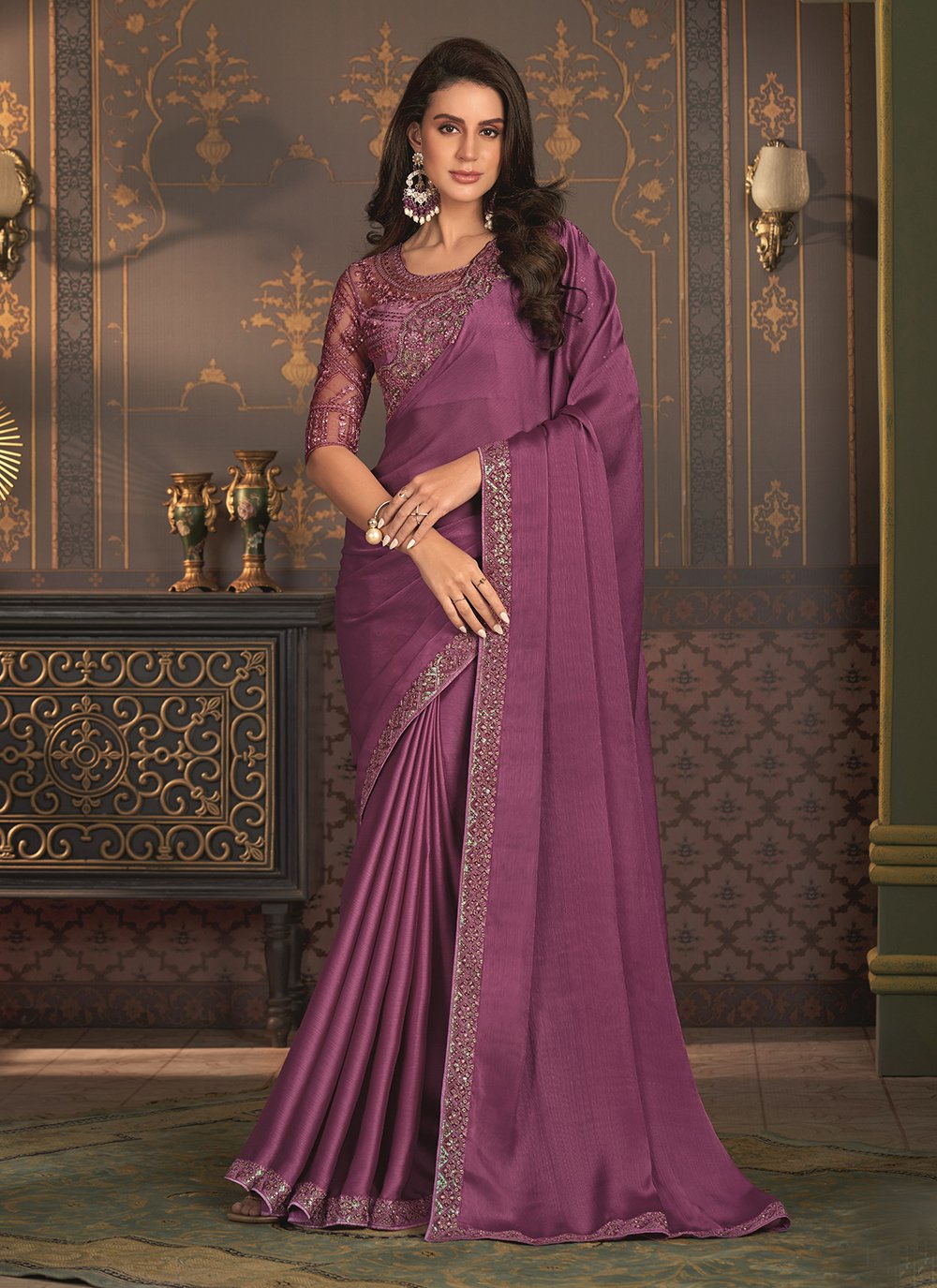 Chiffon Contemporary Saree with Patch Border and Embroidered Work
