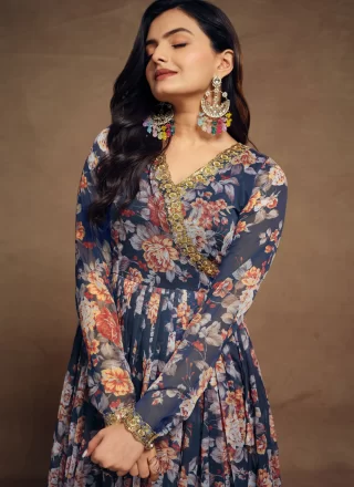 Chiffon Salwar Suit with Print, Sequins and Zari Work