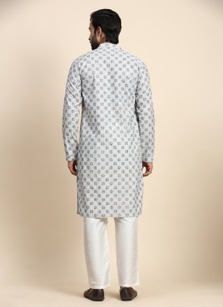 Chikankari and Embroidered Work Cotton Kurta Pyjama In Grey for Casual