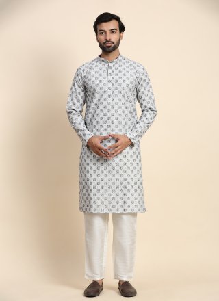 Chikankari and Embroidered Work Cotton Kurta Pyjama In Grey for Casual