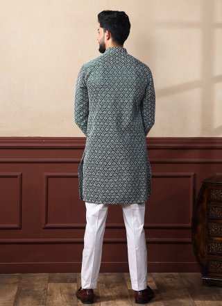 Chikankari and Embroidered Work Silk Kurta Pyjama In Green