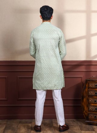 Chikankari and Embroidered Work Silk Kurta Pyjama In Green