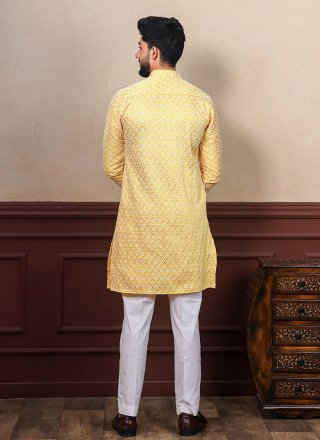 Chikankari and Embroidered Work Silk Kurta Pyjama In Yellow