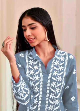 Chikankari and Embroidered Work Rayon Casual Kurti In Grey