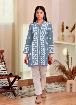 Chikankari and Embroidered Work Rayon Casual Kurti In Grey