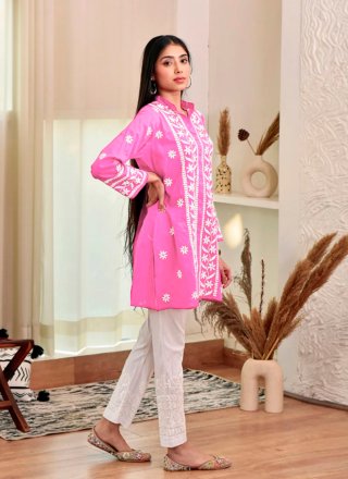 Chikankari and Embroidered Work Rayon Casual Kurti In Pink