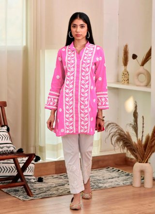 Chikankari and Embroidered Work Rayon Casual Kurti In Pink