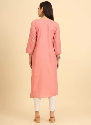 Chikankari, Embroidered and Lucknowi Work Work Cotton Casual Kurti In Peach
