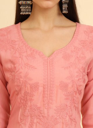 Chikankari, Embroidered and Lucknowi Work Work Cotton Casual Kurti In Peach