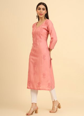 Chikankari, Embroidered and Lucknowi Work Work Cotton Casual Kurti In Peach