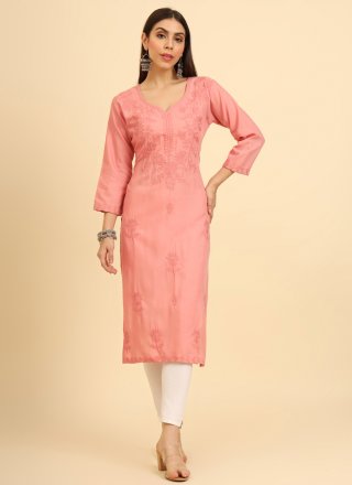 Chikankari, Embroidered and Lucknowi Work Work Cotton Casual Kurti In Peach