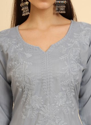 Chikankari, Embroidered and Lucknowi Work Work Cotton Party Wear Kurti In Grey