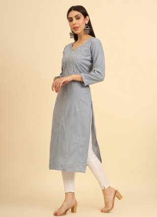 Chikankari, Embroidered and Lucknowi Work Work Cotton Party Wear Kurti In Grey