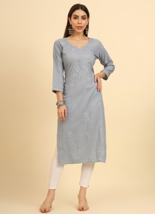 Chikankari, Embroidered and Lucknowi Work Work Cotton Party Wear Kurti In Grey