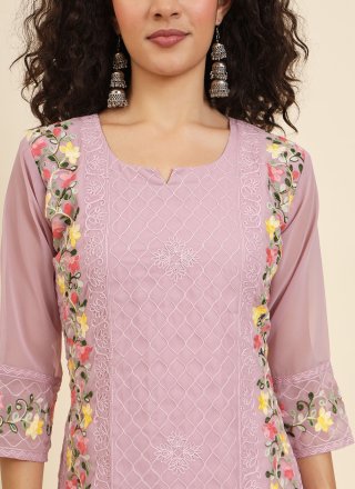 Chikankari, Embroidered and Lucknowi Work Work Georgette Casual Kurti In Pink for Casual
