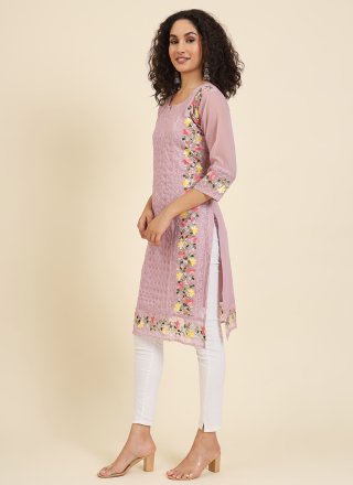 Chikankari, Embroidered and Lucknowi Work Work Georgette Casual Kurti In Pink for Casual
