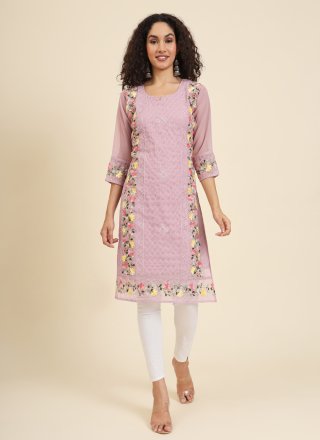 Chikankari, Embroidered and Lucknowi Work Work Georgette Casual Kurti In Pink for Casual
