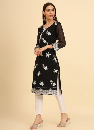 Chikankari, Embroidered and Lucknowi Work Work Georgette Party Wear Kurti In Black for Casual