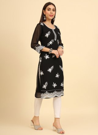 Chikankari, Embroidered and Lucknowi Work Work Georgette Party Wear Kurti In Black for Casual