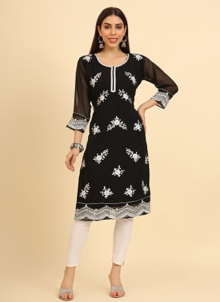 Chikankari, Embroidered and Lucknowi Work Work Georgette Party Wear Kurti In Black for Casual