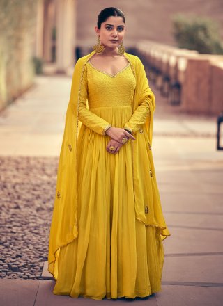 Delectable Chanderi Yellow Churidar Designer Suit