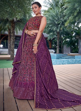 Chinon Readymade Lehenga Choli with Digital Print and Embroidered Work