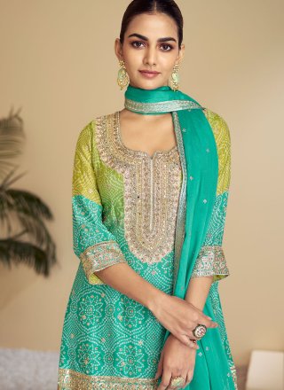 Chinon Readymade Salwar Suit In Turquoise
