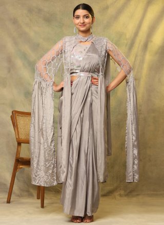 Chinon Trendy Saree with Embroidered and Sequins Work