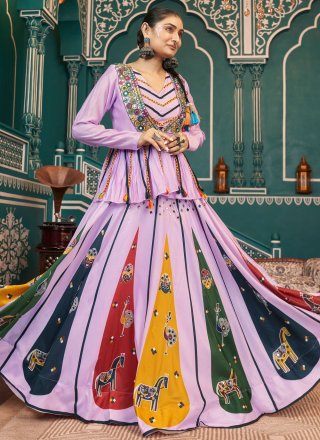 Classical Multi Colour Poly Silk Readymade Lehenga Choli with Foil Print and Mirror Work