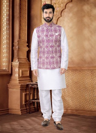Classical Rani and White Cotton Kurta Payjama with Jacket