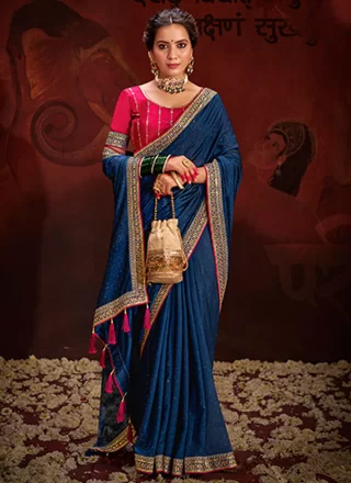 Classy Blue Vichitra Silk Trendy Saree