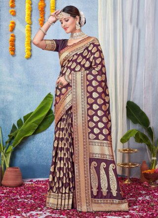 Classy Brown Silk Classic Sari with Woven Work