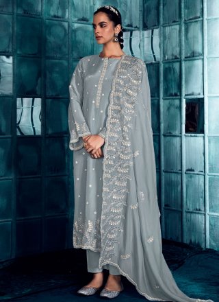 Compelling Grey Silk Salwar Suit with Embroidered and Sequins Work