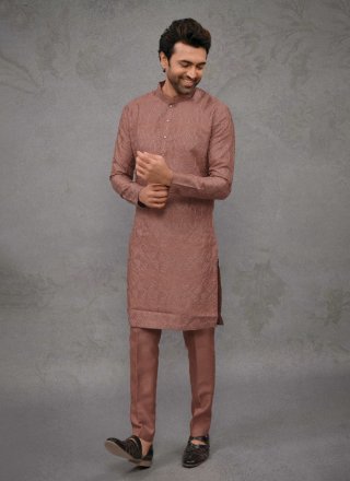 Compelling Rust Silk Kurta Pyjama with Embroidered Work