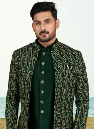 Congenial Green Banarasi Silk Sherwani Mens Wear with Machine Embroidery and Thread Work